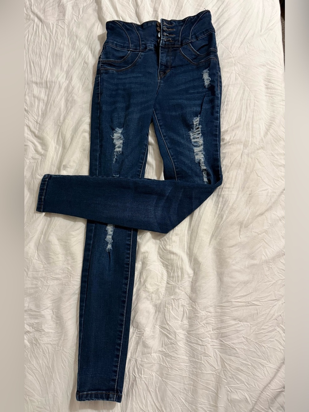 Wax Jean Dark Blue High-Waist Skinny Jeans with Distress